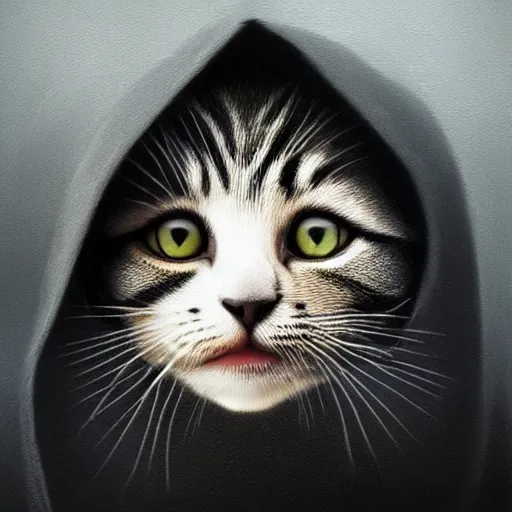 Image similar to a portrait of a kitten wearing a black hood, cloak covering face, anatomically correct, beautiful perfect face, enigmatic, oil painting, matte, black background, Volumetric dynamic lighting, Highly Detailed, Cinematic Lighting, Unreal Engine, 8k, HD, by Beksinski