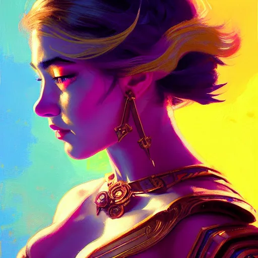 Image similar to side portrait, imogen poots, paladin, gloomhaven, colorful gaudy colors, luminescent, hard edges, organic painting, by greg manchess, huang guangjian, gil elvgren, greg rutkowski, jesper ejsing, magali villeneuve, artgerm, ilya kuvshinov