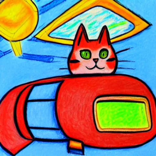 Image similar to An oil pastel drawing of an annoyed cat in a spaceship