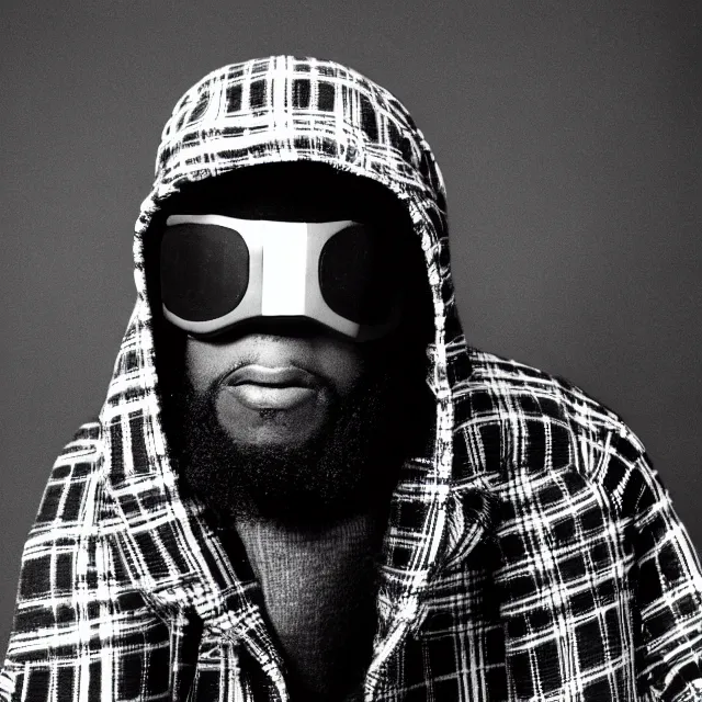 Image similar to a close-up black-and-white studio portrait of MF Doom wearing a plaid ushanka hat