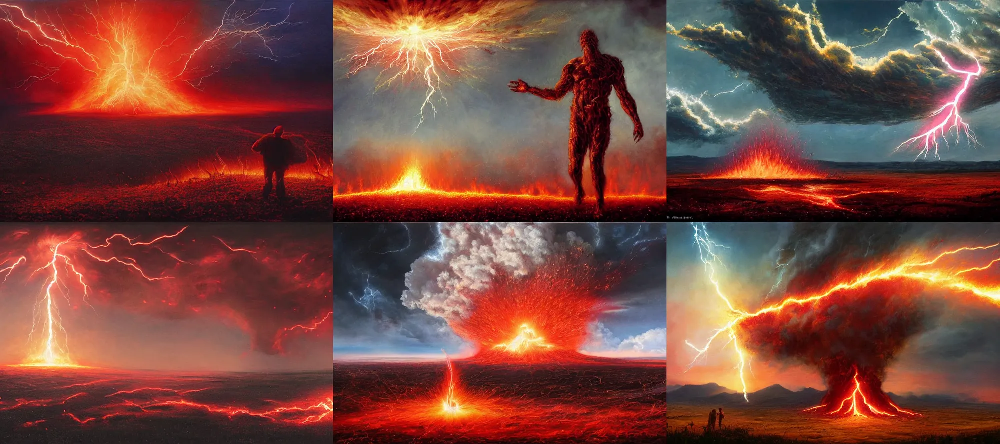 Prompt: epic painting of the end of the world as seen from a grassy field, a gigantic cosmic being visible in the sky reaching his hand into the earth, lava and fire bursting out of the ground, lightning, red tint, dramatic lighting, epic feels, apocalyptic scenery, smoke and dust, highly detailed, vivid colors, oil on canvas, by Greg Rutkowski and Craig Mullins, 8k