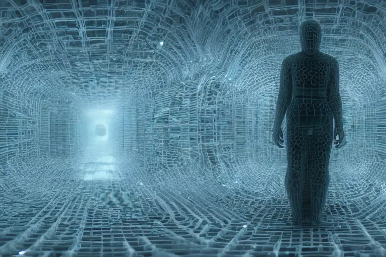 Image similar to a complex organic fractal 3 d ceramic humanoid quantum megastructure, cinematic shot, foggy, photo still from movie by denis villeneuve