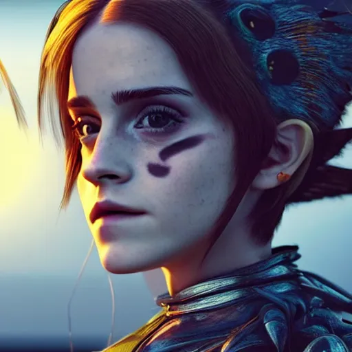 Image similar to emma watson as a chimera insect humanoid. cast shadows. solar punk aesthetic. hayao miyazaki colors. photorealistic render in unreal engine.