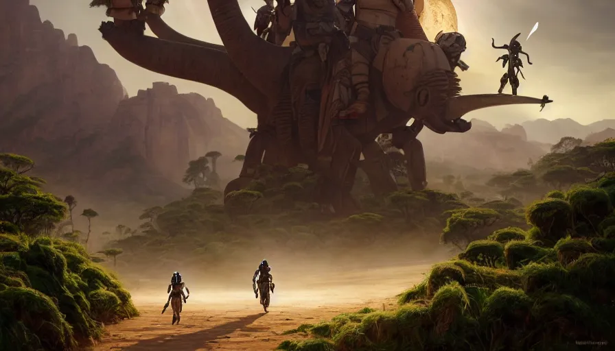 Prompt: mandalorian driving through madagascar with baobabs trees, tribe members chasing for an attach, action scene, an epic fantasy, artgerm and greg rutkowski and alphonse mucha, an epic fantasy, volumetric light, detailed, establishing shot, an epic fantasy, cinematic, photorealistic, ultrarealistic, trending on art station, octane render, midsommar