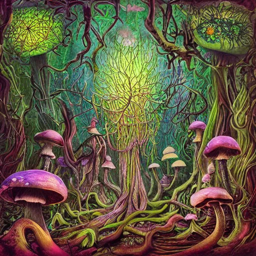 Image similar to psychedelic fantasy forest with glowing mushrooms and eerie trees in the style of Ernst Haeckel and Daniel Merriam, perfect award winning album art