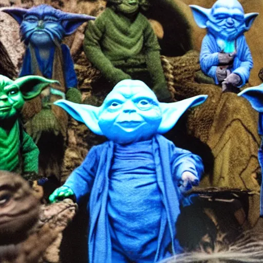Prompt: blue Yoda surrounded by other members of his species of various colors
