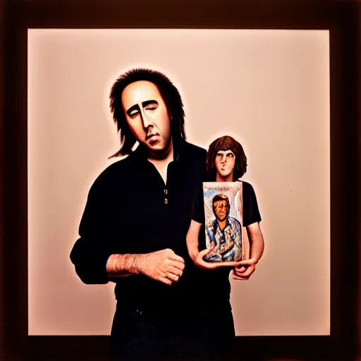 Image similar to Art photography Nicolas Cage holding another Nicolas Cage that holds another Nicolas Cage that painting Nicolas Cage on the wall Photorealism on 8K,Pentax 67, Kodak Portra 400
