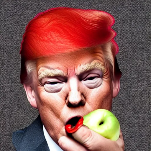 Prompt: secuctive donald trump with red hair eating an apple looking in the camera