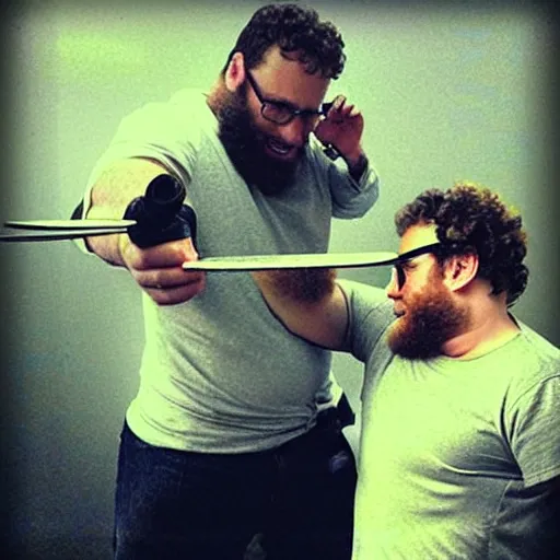 Prompt: “ seth rogen sword fighting with joe rogan ”