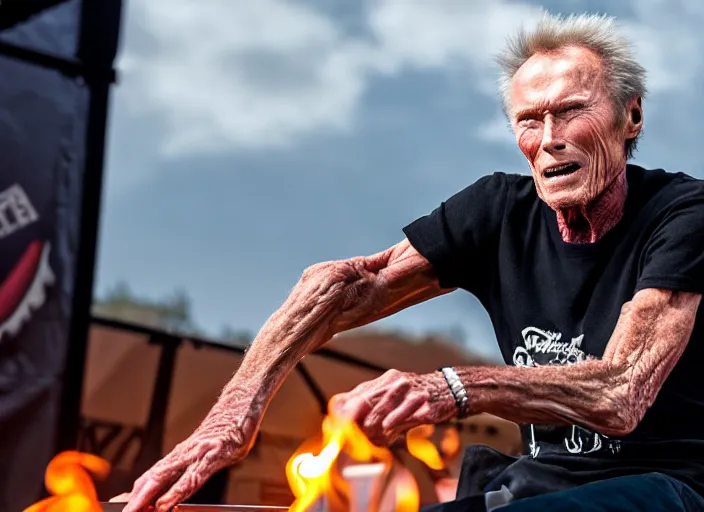 Image similar to photo still of clint eastwood on stage at vans warped tour!!!!!!!! at age 6 8 years old 6 8 years of age!!!!!!!! playing a piano on fire, 8 k, 8 5 mm f 1. 8, studio lighting, rim light, right side key light