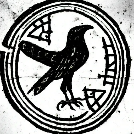 Image similar to a medieval logo illustrating a crow made out of metal