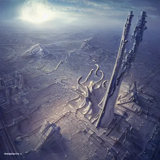 Image similar to orbit soviet city, Norilsk street, huge futuristic temple city, birds eye, vista view, peter mohrbacher, vladimir kush, michael whelan, bill stoneham, tsutomu nihei, jane graverol, kay sage, digital art, airbrush, art nouveau, intricate, clear, looming, epic, depth, artstation, highly detailed, blender, Unreal Engine, octane render, vray, 8k