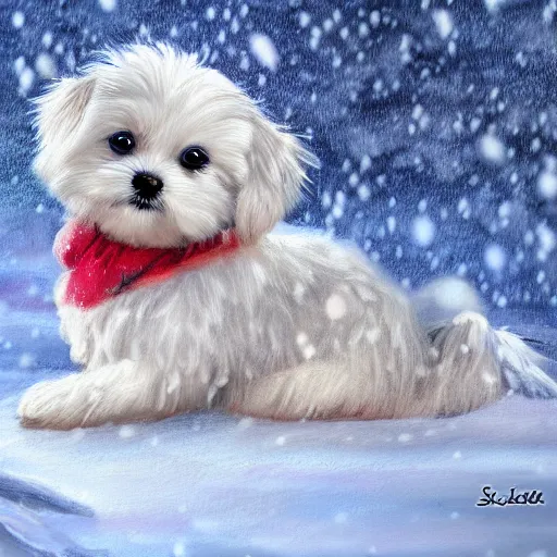 Image similar to cute fluffy maltese puppy sitting in snowy winter landscape detailed painting 4 k