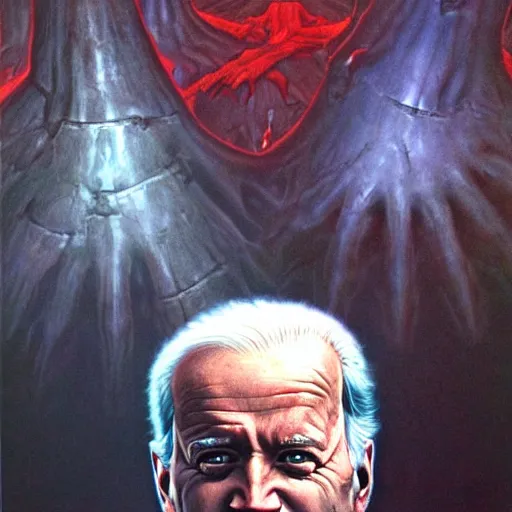 Image similar to epic Joe Biden in pandemonium, demons and souls, portrait, art by Wayne Barlowe, oil on canvas