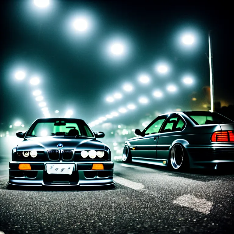 Image similar to close-up-photo BMW E36 illegal JDM meet, Saitama prefecture, misty night, cinematic color, photorealistic, highly detailed,