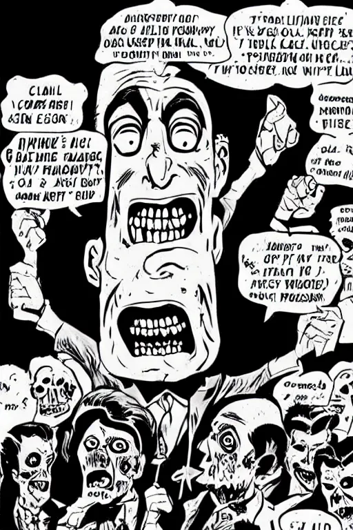 Prompt: Rudy Giuliani as a zombie, illustrated in the style of a 1950’s comic book