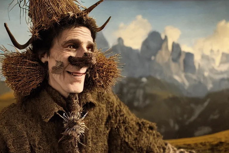 Image similar to portrait of a tyrolean folklore mask, wearing hay coat, with horns, eerie, flowers growing out of his body, dolomites in the background, detailed intricate insanely detailed octane render, 8k artistic 1920s photography, photorealistic, chiaroscuro, by David Cronenberg, Raphael, Caravaggio