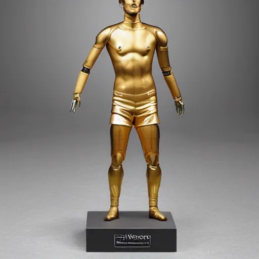 Image similar to a realistic detailed photo of a guy who is an attractive humanoid who is half robot and half humanoid, who is a male android, soccer players timo werner, shiny skin, posing like a statue, blank stare, in a factory, on display, showing off his muscles, gold soccer shorts, side view, looking at each other mindlessly