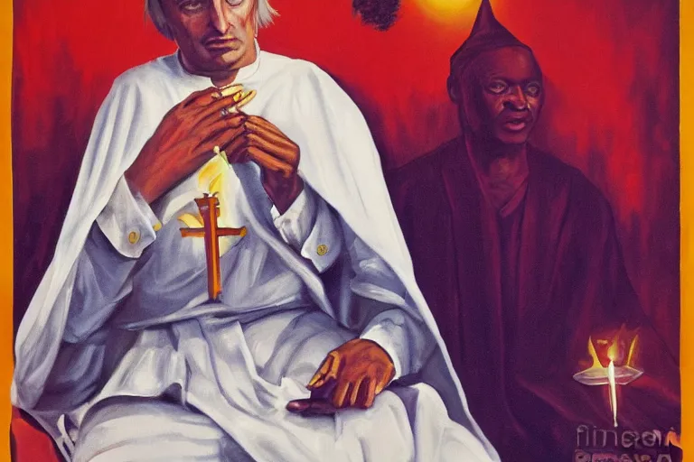 Prompt: painting of Richard Dawkins as High Satanic Priest, in style of Ghana movie poster