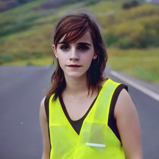 Image similar to photo, close up, emma watson in a hi vis vest picking up trash on the side of the interstate, portrait, kodak gold 2 0 0,