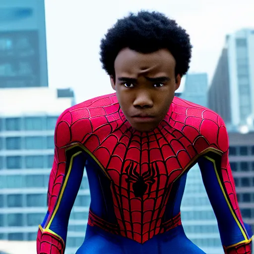 Image similar to young Donald Glover as Spider-Man, miles morales, still from Spider-Man movie, photo, detailed, 4k