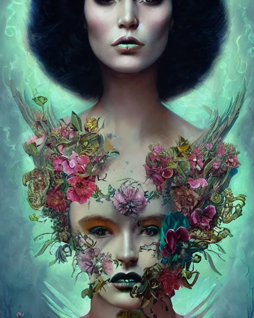 Image similar to portrait of the mexican queen of the underworld, surrounded by flowers by karol bak, james jean, tom bagshaw, rococo, sharp focus, trending on artstation, cinematic lighting, hyper realism, octane render, 8 k, hyper detailed.