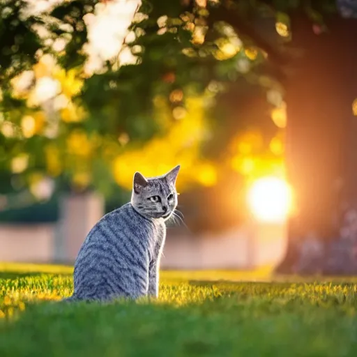 Image similar to a cute grey tabby cat sitting on the corner of a front yard outside in the late afternoon on a beautiful summer day, sunset