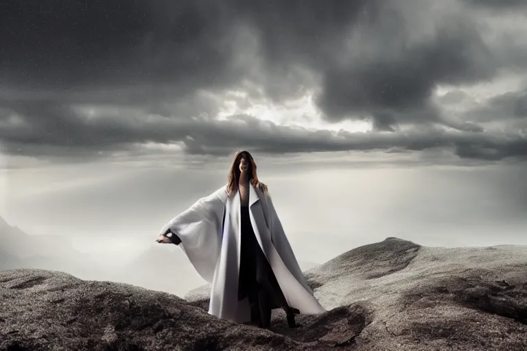 Prompt: a cinematic bust portrait of a beautiful model woman wearing long white futuristic coat, on the top of a mountain, large diffused light, neon light, 4 k, ultra realistic, dramatic lighting, rain, clouds, fog, vogue, fashion, glamour, magazine spread, by marco mazzoni and jessica rossier
