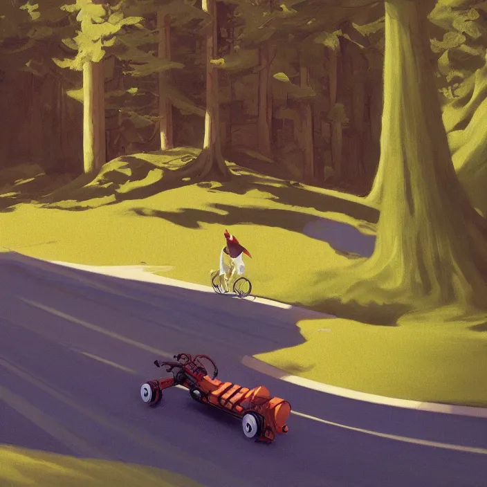 Image similar to fat alien on wheels rolling through the forest, highly detailed, Edward Hopper and James Gilleard