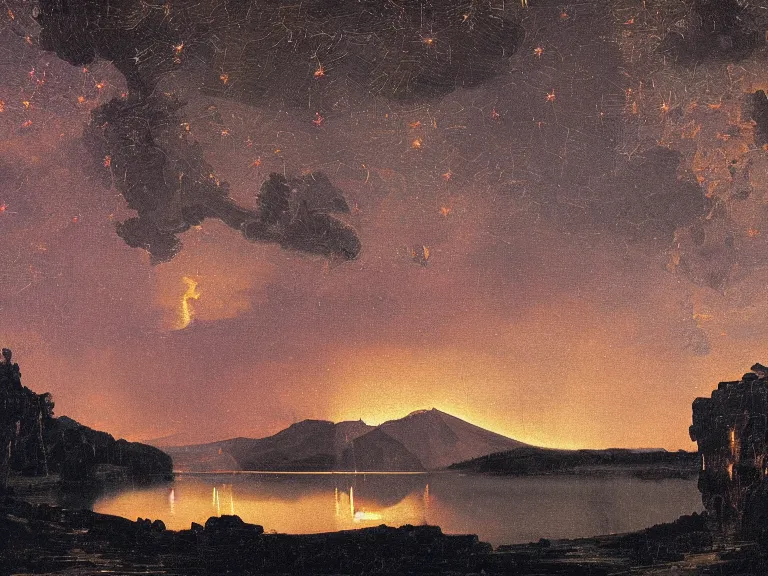 Image similar to an oil painting of a volcanic lake of black oil at dusk with aurora and stars lighting up the sky by carl spitzweg and tuomas korpi. baroque elements, full-length view. baroque element. intricate artwork by caravaggio. Trending on artstation. 8k