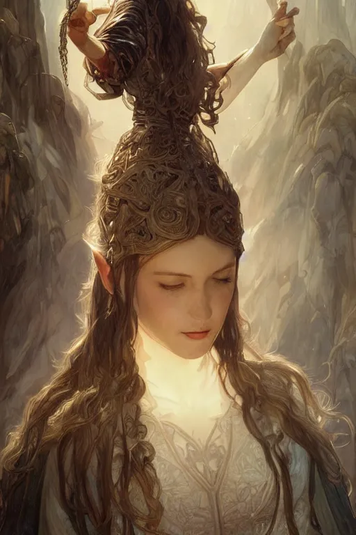 Image similar to beautiful lord of the rings elf, intricate, elegant, highly detailed, digital painting, artstation, concept art, smooth, sharp focus, illustration, art by artgerm and greg rutkowski and alphonse mucha