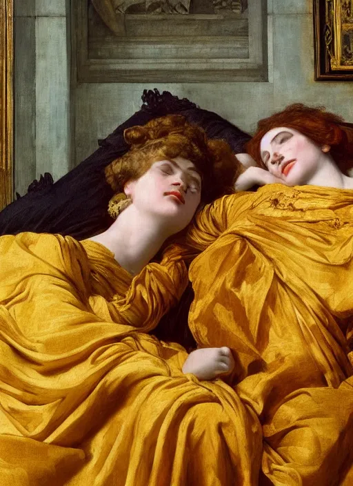 Prompt: masterpiece portrait of hybrid sarah siddons and lisa minelli and maya hawke, reclining on bed, flowing cloth floating in the wind, wearing yellow ochre ornate medieval dress, vertical, foreshortening, colour photography by frederic leighton, william morris, 8 k