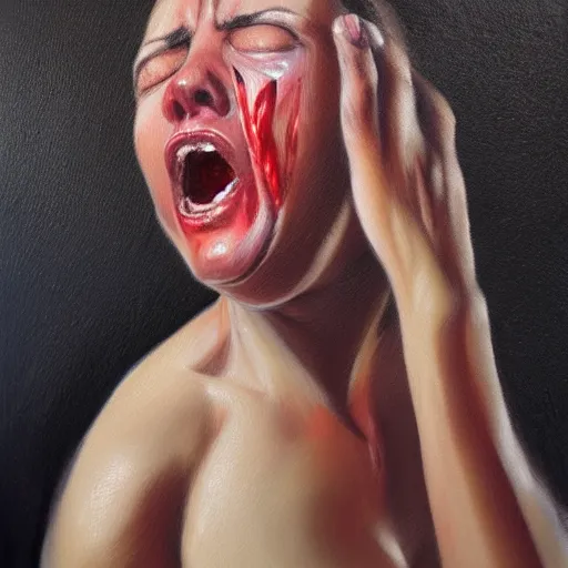 Prompt: Woman in pain after stubbing her toe badly, OUCH, hurting, oil painting, photorealism