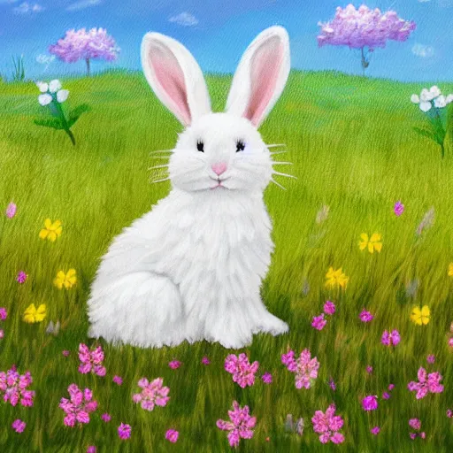 Prompt: cute fluffy white lop eared bunny rabbit sitting in meadow of spring flowers detailed painting 4k