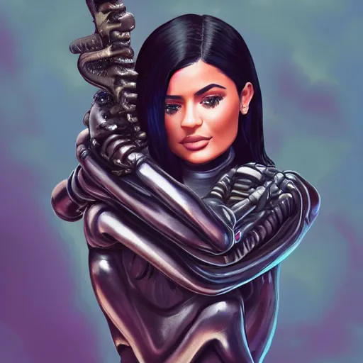 Image similar to kylie jenner held menacingly by an xenomorph, highly detailed, photorealistic, slime, saliva, artstation, smooth