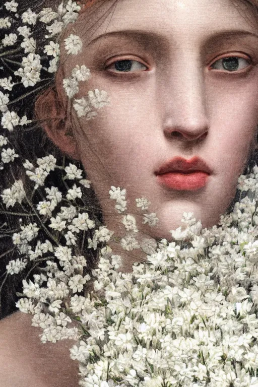 Prompt: hyperrealism close - up mythological portrait of a medieval woman's shattered face partially made of white flowers in style of classicism, dark skin, wearing black dress, dull palette