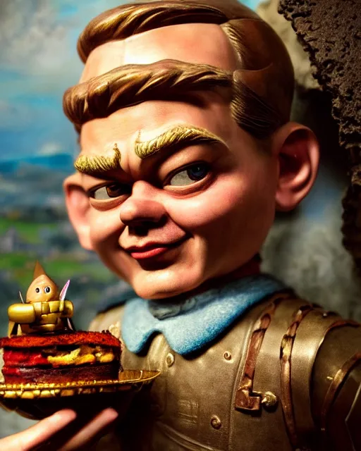 Image similar to highly detailed closeup, face profile portrait of a tin toy leonardo dicaprio as a medieval goblin eating cakes in a castle, hyper realistic, artstation, illustration, nicoletta ceccoli, mark ryden, lostfish, dan decarlo, bob clampett, max fleischer, digital paint, matte paint, vivid colors, detailed and intricate environment