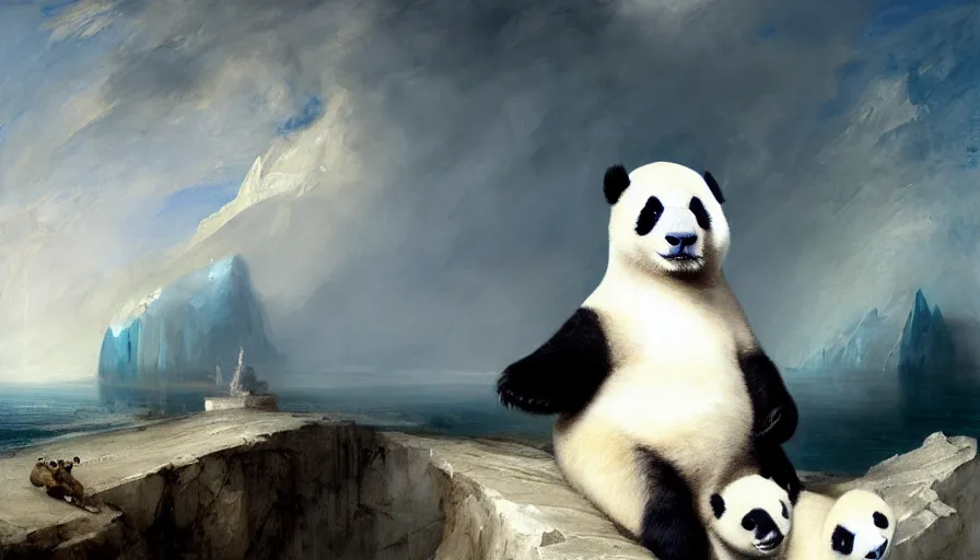 Image similar to highly detailed painting of a standing humanoid creature thats half human male man and half cute baby white furry seal panda hybrid on a blue and white iceberg by william turner, by greg rutkowski, by william constable, thick brush strokes and visible paint layers, 4 k resolution