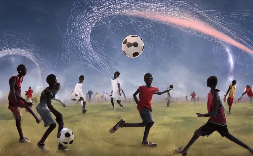 Prompt: young boys from africa playing football and a spiral - shaped white luminous attractor is floating on the horizon in soviet city, concept art, art for the game, professional lighting