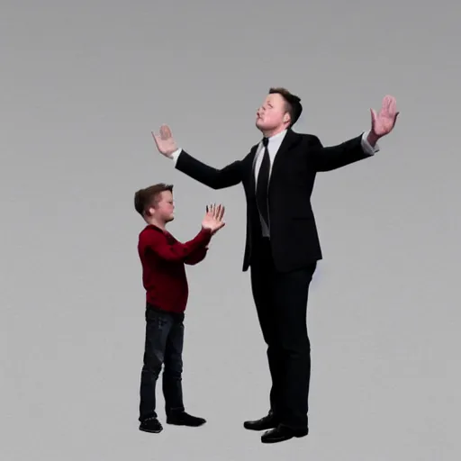 Image similar to Elon Musk high-fiving an Elon Musk clone, highly detailed, high quality, HD, 4k, 8k, Canon 300mm, professional photographer, 40mp, lifelike, top-rated, award winning, realistic, sharp, no blur, edited, corrected, trending