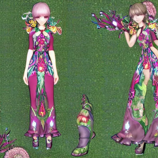 Prompt: cute female forest spirit wearing ornate floral cybernetic hungarian valentino resort dress in a 3 d psx ps 2 jrpg style, esoteric magical alien meadow ritual environment, fashion gameplay screenshot, highly detailed, atelier, xenogears