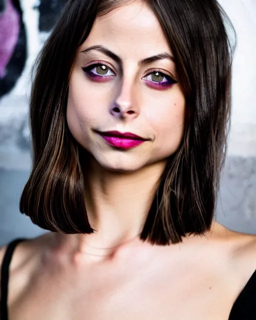 Image similar to style of stephanie law : : gorgeous willa holland : : evil witch, swirling black magic, black dress : : symmetrical face, symmetrical eyes : : full body pose : : gorgeous black hair : : magic lighting, low spacial lighting : :