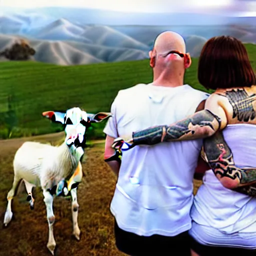 Prompt: portrait of a bald white male tattoos and his white female wife with tattoos. male is wearing a white t - shirt, tan shorts, white long socks. female is tall and has long brown hair photo from behind them overlooking the field with a goat pen. rolling hills in the background of california and a partly cloudy sky