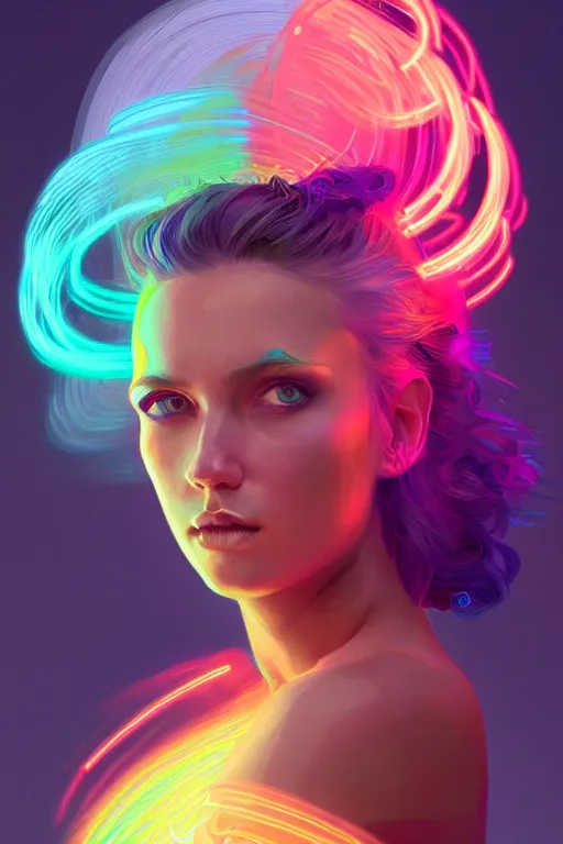 Image similar to a award winning portrait of a beautiful woman with stunning eyes in a one off shoulder crop top and cargo pants with rainbow colored hair, outlined by whirling illuminated neon lines and fine lines swirling in circles by greg rutkowski, digital art, trending on artstation