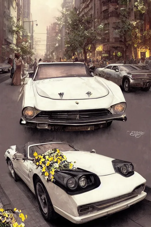 Image similar to ultra realistic illustration, old white vintage car in the city with flowers blooming out the window, elegant, highly detailed, digital painting, concept art, smooth, sharp focus, illustration, art by greg rutkowski and alphonse mucha