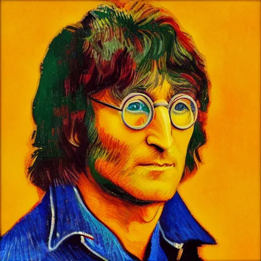 Image similar to an artistic portrait of john lennon, peaceful, friendly, high quality, studio photography, colorful, hero, heroic, beautiful, in the style of vincent van gogh