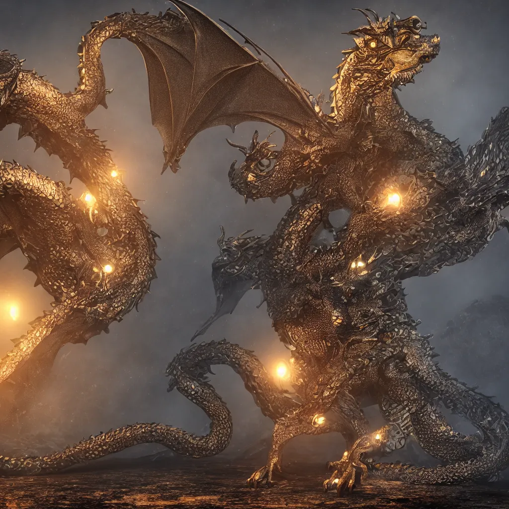 Image similar to dragon with big sequins and engraved on obsidian, art staton, octane render, 4 k, 8 k, colony, man standing