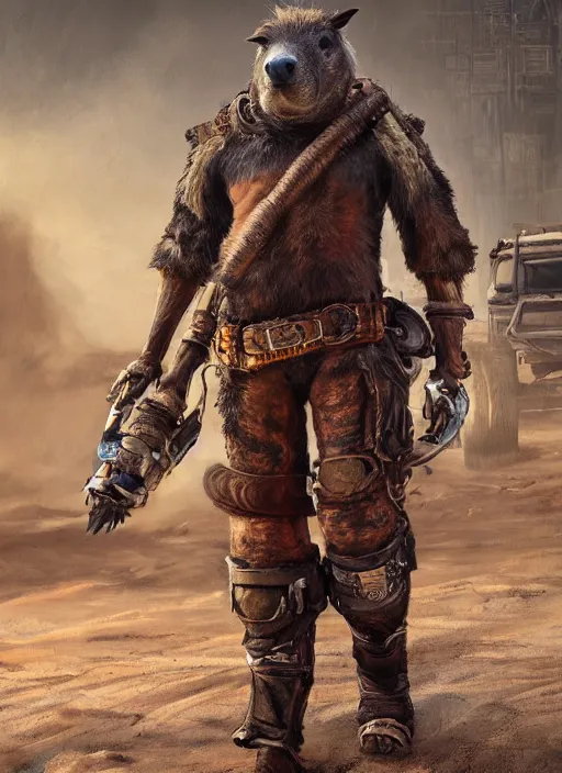 Image similar to detailed full body concept art illustration oil painting of an anthropomorphic capybara mad max in full intricate clothing, biomutant, dystopian, ultra detailed, digital art, octane render