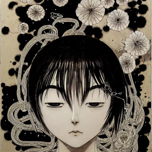 Image similar to prompt: Black and white Fragile looking vessel portrait face drawn by Katsuhiro Otomo, nymph in the water performing alchemy, small flowers and cables and wire around and on the side with artifacts, intricate oil painting, soft light, intricate detail, intricate oil painting detail, sharp high detail, manga and anime 2000