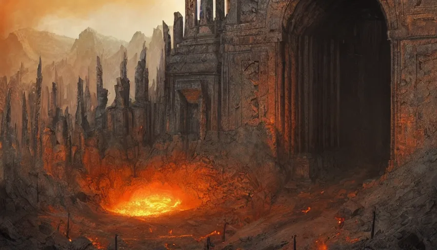 Prompt: 50 feet tall obsidian stone gates that serve as the entrance to hell with flames coming from the inside, rule of thirds, highly detailed, artstation, concept art, matte painting, 4k, octane render, art by ted nasmith and greg rutkowski